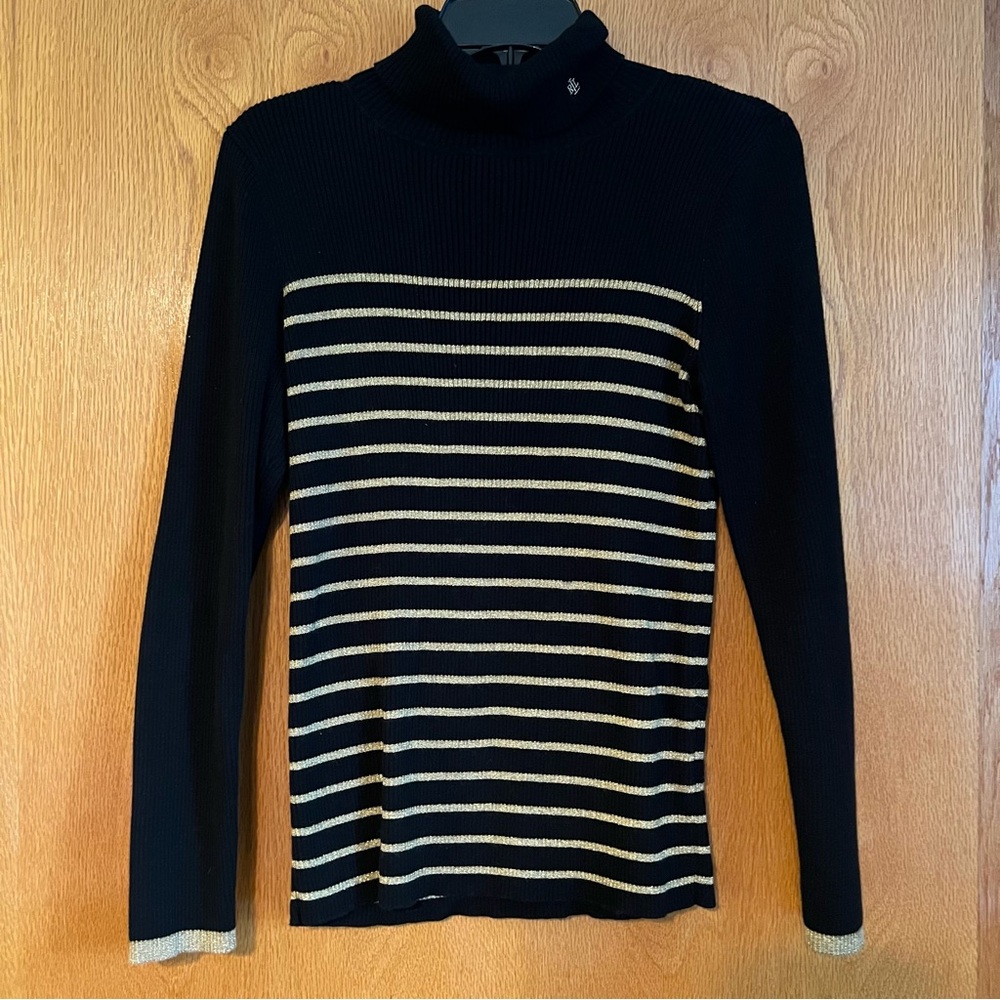 Lauren Ralph Lauren Black and Gold Striped Turtleneck Sweater
